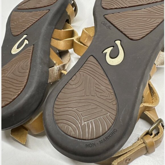 OluKai Awe Awe Sandals Leather Strappy Shoes Open Toe Brown Gold Womens Size 7 - Picture 9 of 12